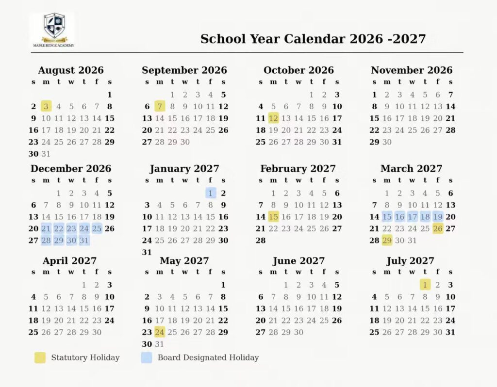 mapleridge calendar 2026